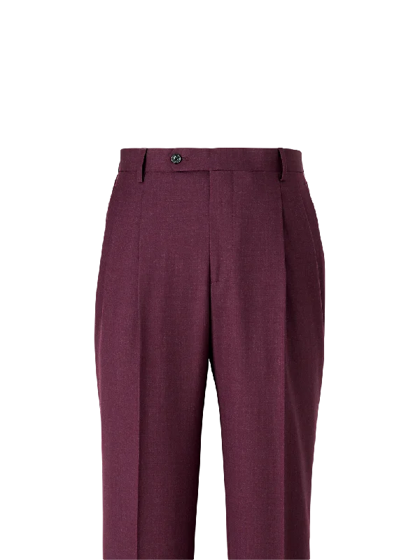 Wool Stretch Bengaline Double Pleated Suit Pants - Plum