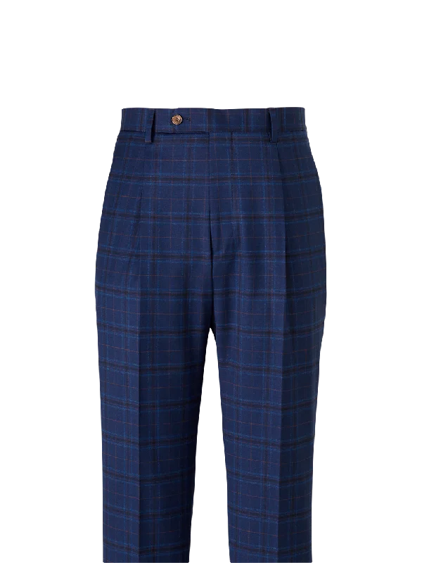 Wool Stretch Plaid Single Pleat Suit Pants - Blue